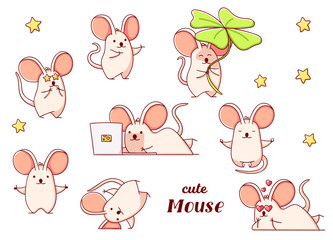 Set cute kawaii hand drawn mouse doodles, isolated on white background, clipart