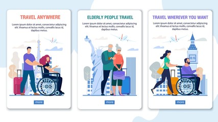 Obraz na płótnie Canvas Travel Assistance for Disabled, Senior People Set. Mobile Tour Agency Application Pages Kit. Phone Onboard Screen Design with Happy Man, Woman in Wheelchair and Aged Family Couple Vector Illustration