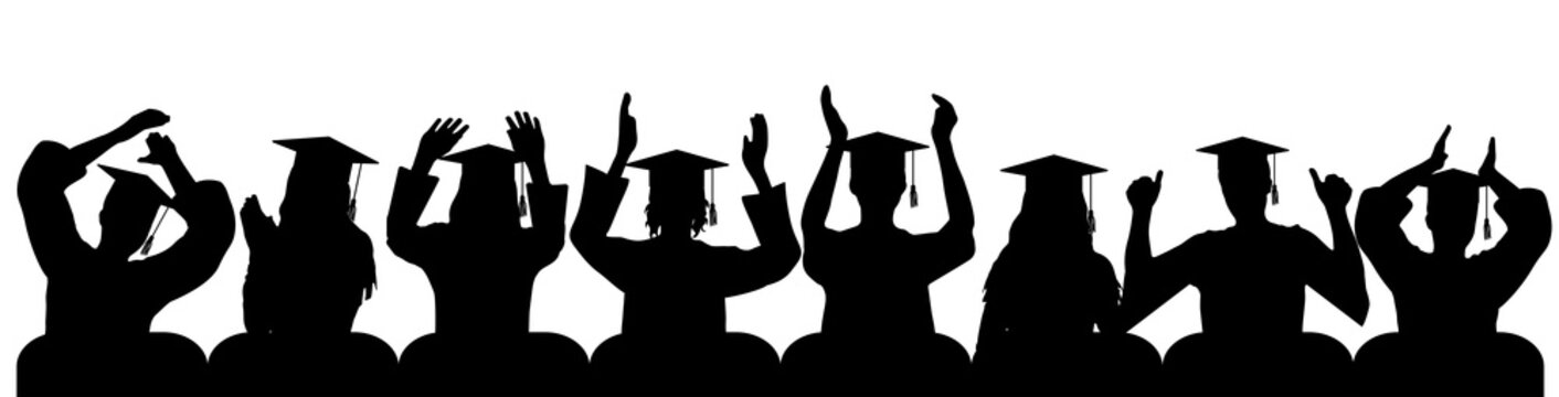 Graduates in square academic caps applauding, silhouettes. Vector illustration.