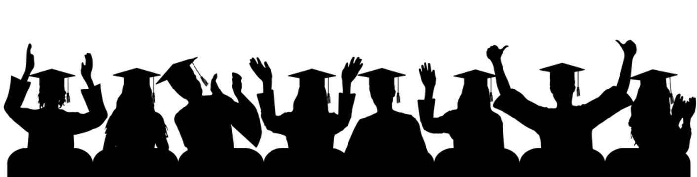 Happy University graduate clapping palms of hand, joy, cheerful, silhouettes close-up. Vector illustration.