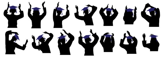 Set of happy students graduates in square academic caps, applauding people. Vector illustration.