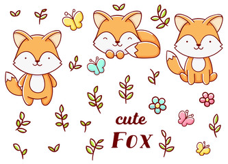 Set cute kawaii hand drawn fox doodles, isolated on white background, clipart