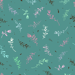 Spring floral pattern in pastel colors. Seamless hand-drawn graphics with multi-colored flowers. Minimalistic cute style.