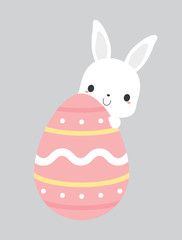 Cute white bunny rabbit on pink Easter egg. Flat vector illustration.