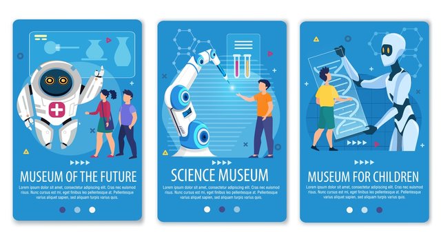 Science Museum of Future for Kids Mobile App Pages Set. Phone Screens with Children Enjoying Knowledge Receive from Robotic Artificial Intelligence. Learning New Technology. Vector Illustration