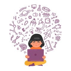 Online, distance, remote children education. Girl working on laptop. Kid with educational doodle. Vector illustration.