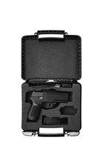 Modern black gun isolate on a white back. Weapons for the police and the army. A gun in a plastic case for storing and carrying weapons.