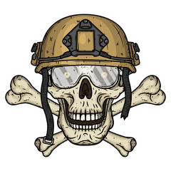 Skull in black helmet. T-shirt print concept. Soldier skull. Vector illustration.
