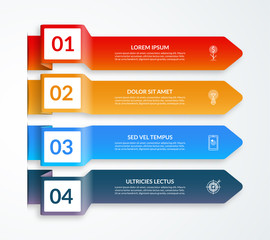 Vector template for business infographics of 4 colored paper arrows with place for numers, text and icons.