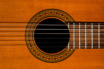 Wooden acoustic classical guitar detail