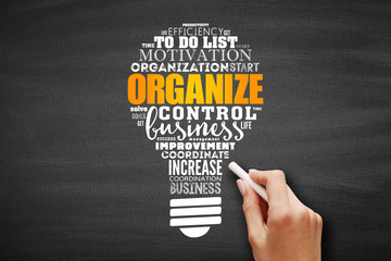ORGANIZE light bulb word cloud collage, business concept background