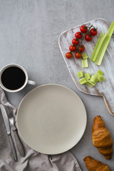 flat lay of food on gray concrete table