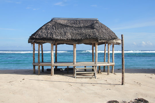 Beach fale, a simple open 'hut' (faleo'o Samoan language), popular in budget eco-tourism in Samoa. Beautiful day fale at Lalomanu Beach