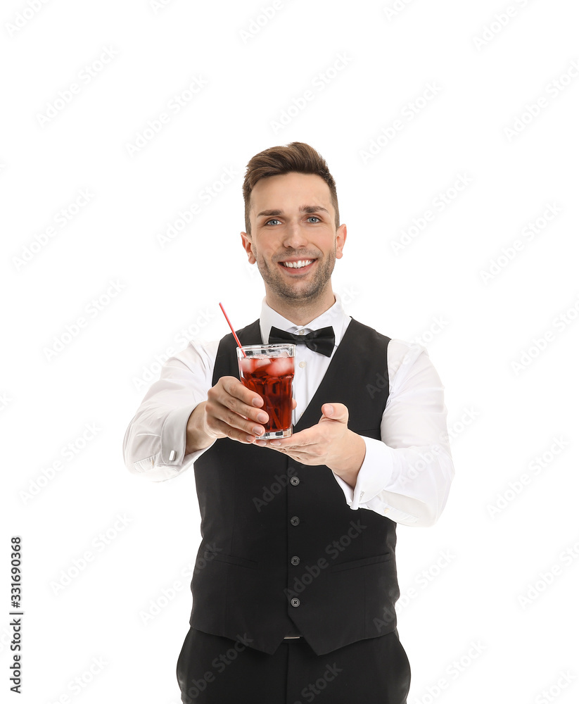 Wall mural Handsome male bartender on white background