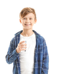 Obraz premium Cute little boy with glass of water on white background