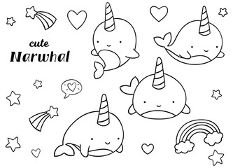 Coloring pages, black and white, set cute kawaii hand drawn narwhal doodles