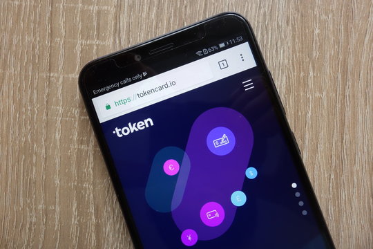 KONSKIE, POLAND - JULY 14, 2018: TokenCard (TKN) cryptocurrency website displayed on a modern smartphone