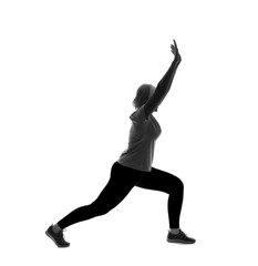 Fototapeta na wymiar Silhouette of mature woman doing exercise on white background