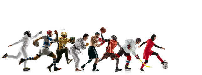 High flight. Young sportsmen running and jumping on white studio background. Concept of sport, movement, dynamic, healthy lifestyle. Training, practicing in motion. Flyer. MMA, fencing, football.