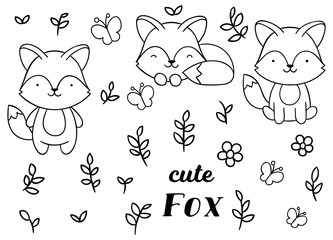 Coloring pages, black and white, set cute kawaii hand drawn fox doodles