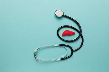 Human liver and stethoscope on blue background. Disease, diagnosis and care. Treatment of cirrhosis, harm from alcohol.
