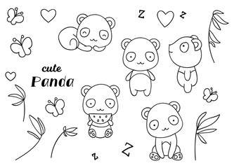 Coloring pages, black and white, set cute kawaii hand drawn panda doodles