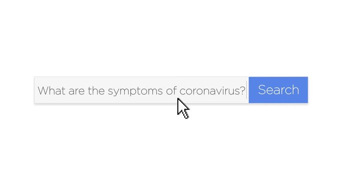 A graphical web search box asking the question, "What are the warning symptoms of coronavirus?" With optional luma matte.  	