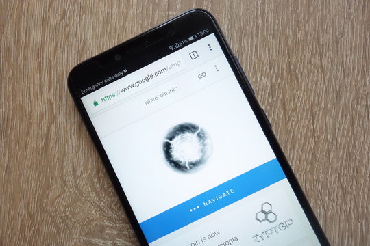 KONSKIE, POLAND - JULY 14, 2018: WhiteCoin (XWC) cryptocurrency website displayed on a modern smartphone