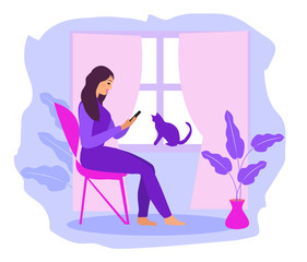 Work at home, freelance. Girl works on a smartphone near the window. A young woman sits on a chair in the house, a cat at the window. Vector illustration