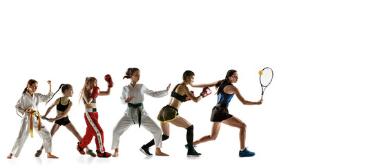 Young sportsmen running and jumping on white studio background. Concept of sport, movement, energy...