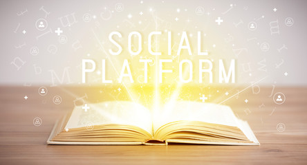 Open book with SOCIAL PLATFORM inscription, social media concept