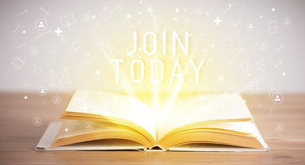 Open book with JOIN TODAY inscription, social media concept