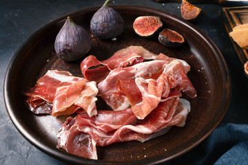 Delicious jamon on the table for appetizers and dinner.