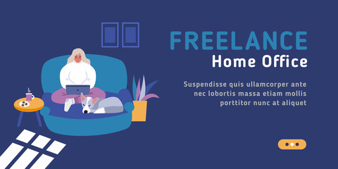 Freelancer home office workplace, leisure concept. Flat style modern web site vector illustration of freelance young woman wearing casual clothes using computer in living room interior.