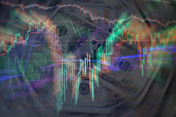 Technical price graph and indicator, red and green candlestick chart on blue theme screen, market...