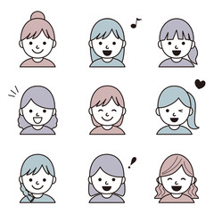 いろいろな女性のアイコン 線画  / vector eps