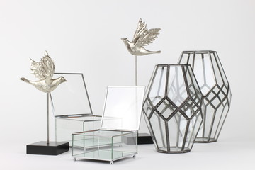Silver Interior Decorative Objects Arrangement with white background