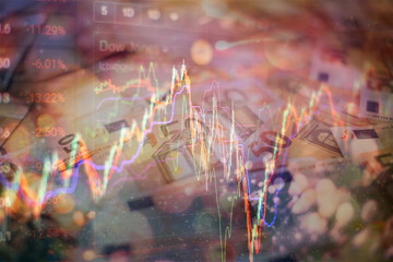 Technical price graph and indicator, red and green candlestick chart on blue theme screen, market...