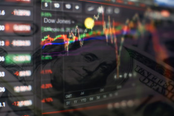 Technical price graph and indicator, red and green candlestick chart on blue theme screen, market...