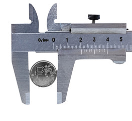 Coin installed between the jaws calipers to measure the outer diameter. Translation: 