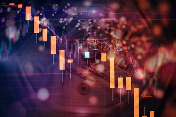 Technical price graph and indicator, red and green candlestick chart on blue theme screen, market...
