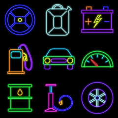 vector neon flat design icon set of transport equipment and tool symbol, car pump, steering wheel, gas station, battery and more symbol