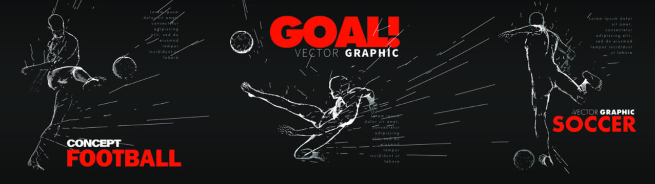A set of fotball, soccer players drawing by lines with text. Creative sport concept. Art vector graphic for brochures, flyers, presentations, logo, print, web