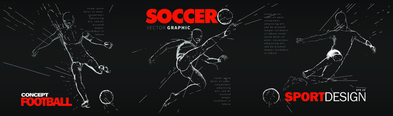 A set of fotball, soccer players drawing by lines with text. Creative sport concept. Art vector graphic for brochures, flyers, presentations, logo, print, web