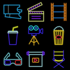 vector neon flat design icon set of cinema symbols, like popcorn, tickets, projector, camera and more illustration
