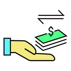 Merger and Acquisition Takeover Concept, Purchase of Net Assets on White Background, Hand with Currency and Two Direction Arrows Vector Color Icon Design, M&A Symbols