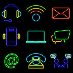 vector neon flat design icon set of communication symbol, like wi-fi, smarphone, headphone, mail and more illustration