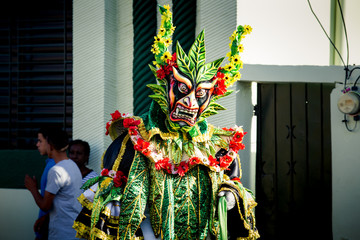 closeup man in bright green costume poses for photo on dominican carnival