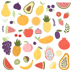 Set of exotic fruits in modern vector hand drawn scandinavian style,summer symbol, fruit salad.Doodle cute fruits, pineapple,apple,watermelon,mango,fig,lemon,grape,strawberry,dragon fruit.