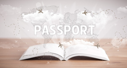 Open book with PASSPORT inscription, vacation concept